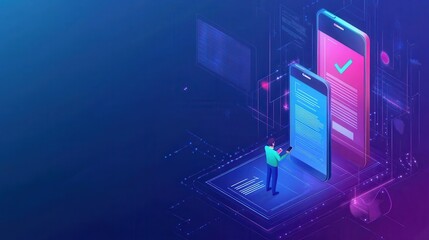 Poster - A man is holding a cell phone and looking at a screen with a check mark on it