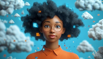 Poster - 3D rendering of African American woman Coco in cloud computing set, managing cloud service server for storing and processing data, blogging, website, and promotional materials