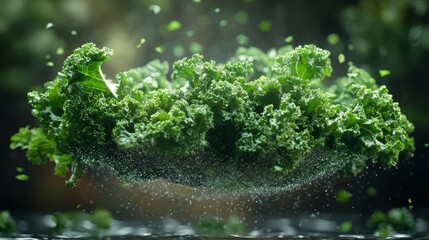 Fresh Green Kale Leaves Splashing in Water