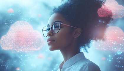 Poster - African American woman Coco in 3D illustration, cloud computing concept set, managing cloud service server for data storage, processing, and promotional materials