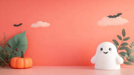 A Halloween themed background with a white ghost and a pumpkin