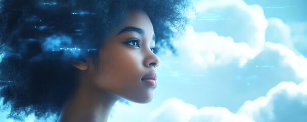 Poster - African American woman Coco in 3D illustration, cloud computing concept set, managing cloud service server for data storage, processing, and promotional materials