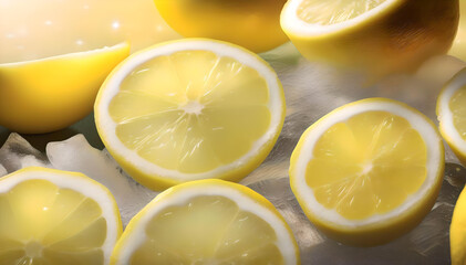 A close-up of sparkling frozen lemon slices, their vibrant yellow contrasting with frosty crystals, capturing the refreshing and icy essence of citrus in a beautifully arranged, mouthwatering pattern