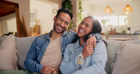 Poster - Love, couple and laughing with hug on couch in home for funny conversation, bonding and commitment in marriage. People, lens flare or happy on sofa with comic joke, embrace or romance in relationship