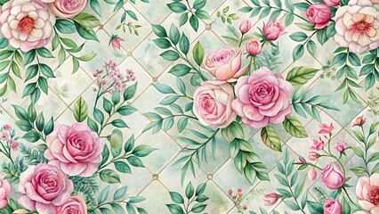 Wall Mural - Elegant watercolor floral pattern with pink flowers, roses, leaves, and branches on a botanic tile background