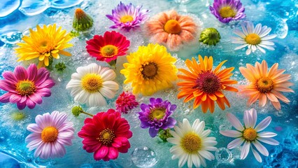 Colorful summer flowers blooming in icy water on seamless wallpaper