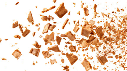 Wall Mural - Pile cake crumbs, chocolate cookie pieces flying isolated on transparent white background, clipping path