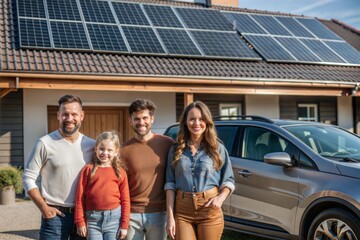 Happy family in front of eco-friendly home with solar panels