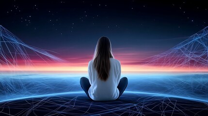 Wall Mural - woman gazing at a horizon where neural pathways are subtly integrated into the landscape representin