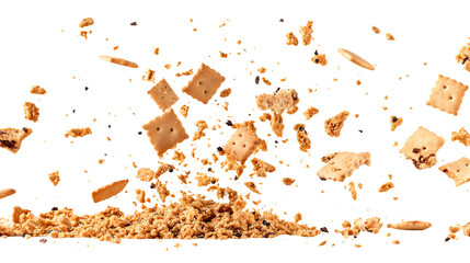 Pile cake crumbs, chocolate cookie pieces flying isolated on transparent white background, clipping path