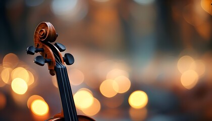 Elegant violin captured in closeup against a backdrop of dreamy blurred bokeh lights