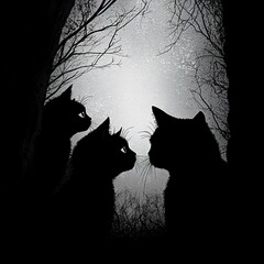 Canvas Print - Black cats looking out the Darkened Silhouette Illustrations