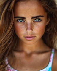 Portrait of a Young Woman with Freckles and Blue Eyes