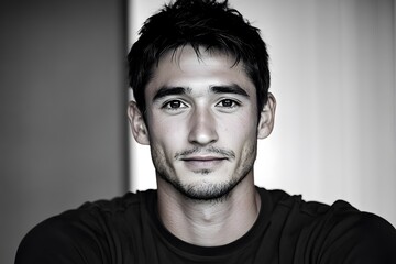 Wall Mural - Portrait of a Handsome Young Man with a Black T Shirt and a Light Background