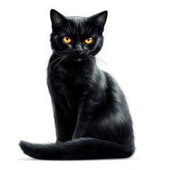 Wall Mural - Black cat with a scary look sitting on white background.