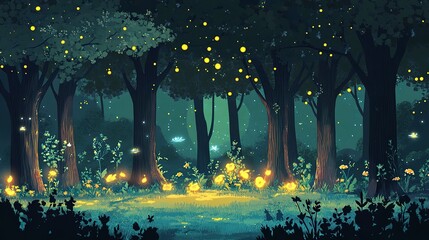 Wall Mural - enchanted forest glen with towering trees, magical creatures, and sparkling fireflies. vector flat m