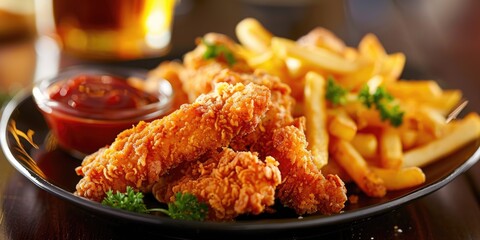 Wall Mural - Crunchy Fried Chicken Tenders Accompanied by Potato Wedges