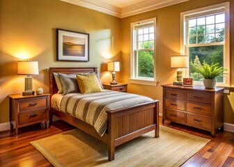 Wall Mural - Soft sandy beige walls envelop the cozy bedroom, where twin-sized bed with plush white bedding and warm wood