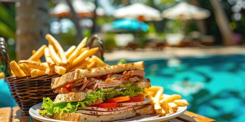 Poster - Tasty club sandwich featuring roasted beef, grilled chicken, ham, and cheese, accompanied by fresh salad, grilled white toast, and crispy French fries presented in a basket on a rustic wooden surface.