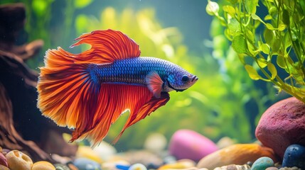 A Betta fish swimming in an aquarium with colorful rocks and plants, its vibrant colors blending with the lively environment