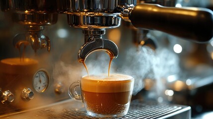 A close-up of a freshly brewed espresso shot being pulled, with steam rising and rich crema on top.