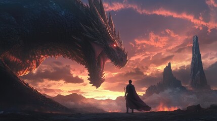 A fantasy anime setting with a warrior character facing a towering dragon, with dramatic lighting and epic scenery.