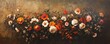 © Thanaseth - moody oil painting with textured brown backdrop, autumn flowers in muted oranges, pinks, and whites, green leaves and stems, dull muted colors