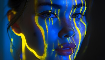 Wall Mural - Futuristic woman illuminated by vibrant blue and yellow lights, showcasing a captivating glowing visage in a modern artistic style