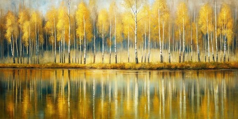 Abstract acrylic oil painting of forest birch trees landscape with gold details and water reflection from a lake