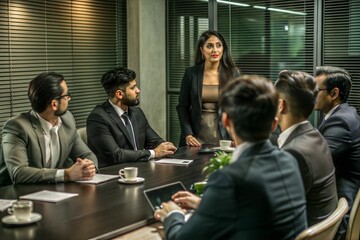 Wall Mural - Business meeting professionals listening to female leader’s presentation