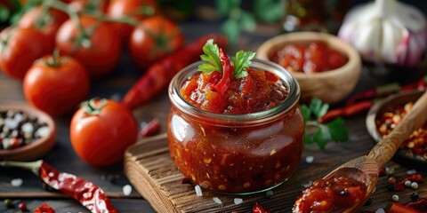 Wall Mural - Homemade Tomato Chutney with Chili in a Glass Jar on a Wooden Surface Surrounded by Ingredients, Selective Focus