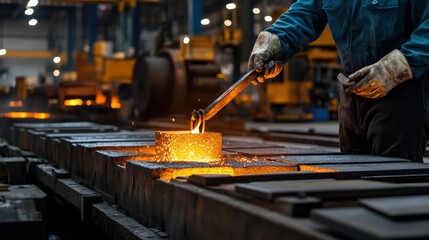 Wall Mural - A foundry worker forges hot metal using tools in an industrial setting, with glowing metal and sparks flying.