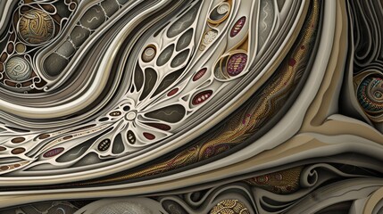 Wall Mural - Abstract pattern with swirling lines and intricate details in shades of grey, brown, and red