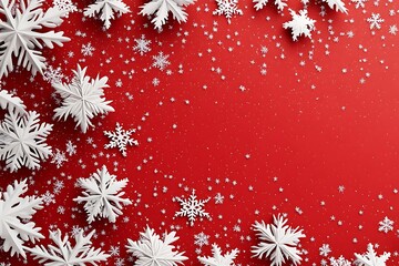 Wall Mural - Red Christmas background with glitter snowflakes and stars frame in the center on a red color. Vector illustration