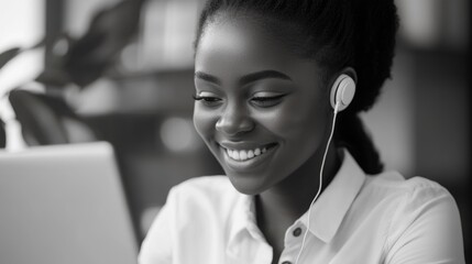 Sticker - Woman Smiling at Laptop, Listening to Headphones