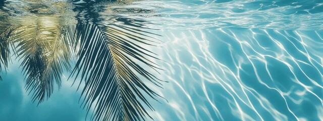 Blue-toned water ripples, underwater texture, tropical palm fronds, reflection, azure hues, natural pattern, paradise vibes