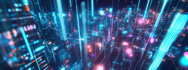 A futuristic cityscape with glowing neon lights, digital grid lines and particles, abstract 3D rendering, vibrant colors, technological concept, cyberpunk aesthetic