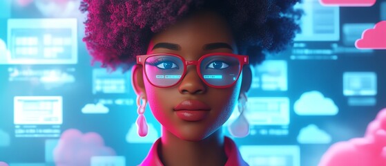 Poster - Cloud computing and data management 3D illustration with African American woman Coco, featuring servers, blogging, website, and mobile app elements