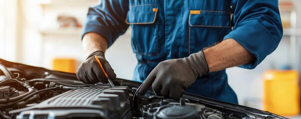 Mechanic inspecting a car s engine under the hood in a well-lit garage