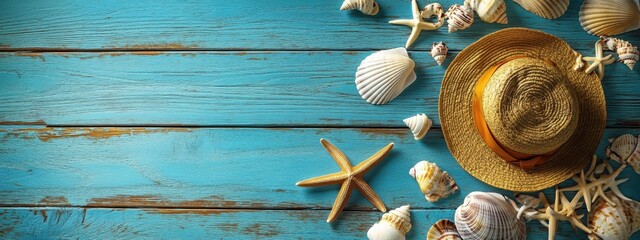 Rustic blue wooden background with a wide variety of seashells scattered around, including scallops, starfish, conch shells, clam shells, seaside travel hat, summer beach vacation concept, vivid color