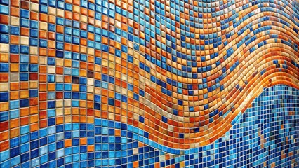 Wall Mural - Abstract blue orange mosaic tile wall texture background with waving waves shapes Eye Level