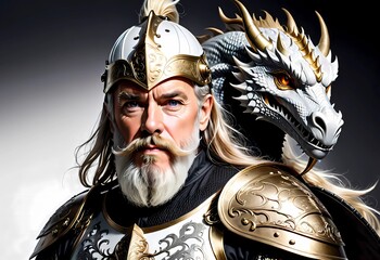 Old man with iconic white beard wearing battle armor with isolated dragon background. Generate AI