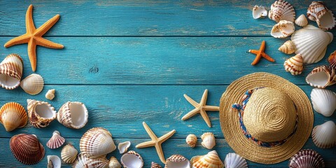 Seashells, starfish, summer hat on blue weathered wooden background, beach holiday concept, vibrant colors, seascape, tropical vacation, summer vibe