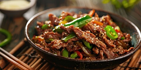 Sticker - Stir-fried sliced beef with bell peppers in Asian cooking