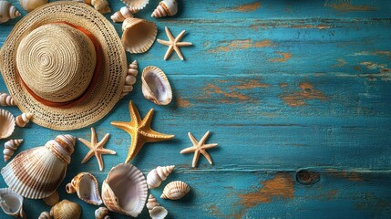 Seashells, starfish, summer hat on blue weathered wooden background, beach holiday concept, vibrant colors, seascape, tropical vacation, summer vibe