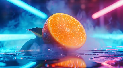 Fresh Orange on a dark smoky neon lights background