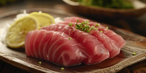 Wall Mural - Tuna Sushi presented on a wooden platter