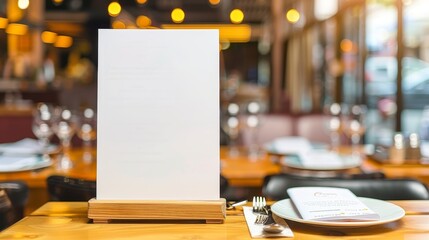 Blank Tabletop Menu Sign in a Restaurant Setting