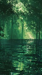 Wall Mural - A serene forest scene with sunlight filtering through the trees, reflected in the still water below.