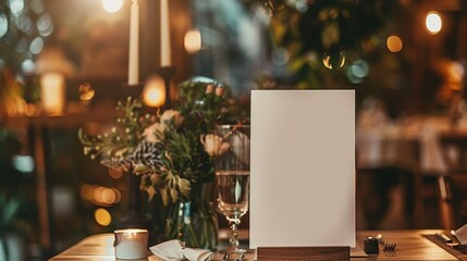 Blank Menu Card on a Table with Flowers and Candles in a Restaurant Setting